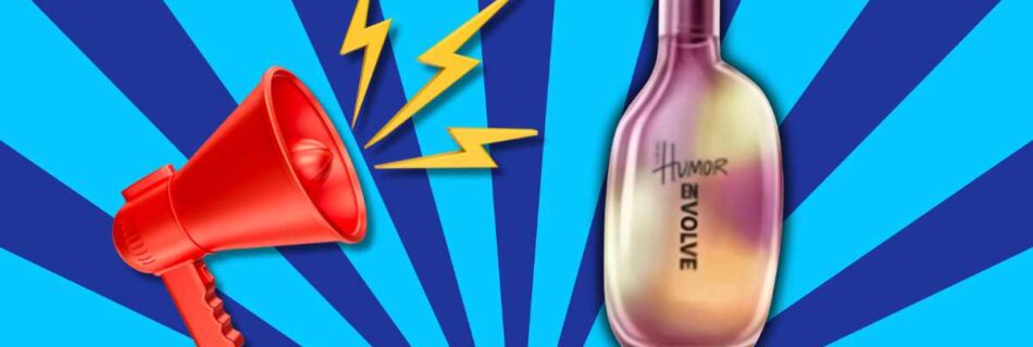 fundo listrado em azul, corneta trombone vermelho com raios dourados, frasco de perfume natura humor