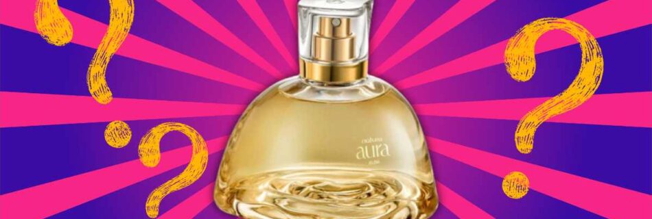 frasco de perfume natura alba, fundo listrado em roxo e rosa, interrogações amarelas