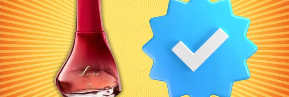 frasco de perfume natura luna rubi, fundo amarelo com listras, simbolo verificado azul com certo branco no centro