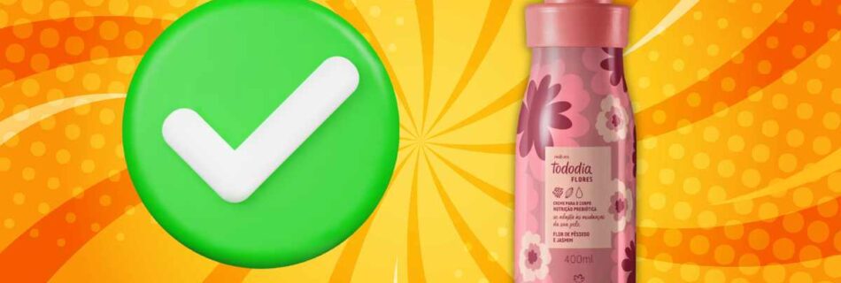 frasco de creme hidratante natura tododia flores, fundo espiralizado e listrado em laranja e amarelo, simbolo de check verde com branco