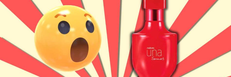 frasco perfume natura una somos, emoji emoticon de espanto, fundo listrado em vermelho e branco