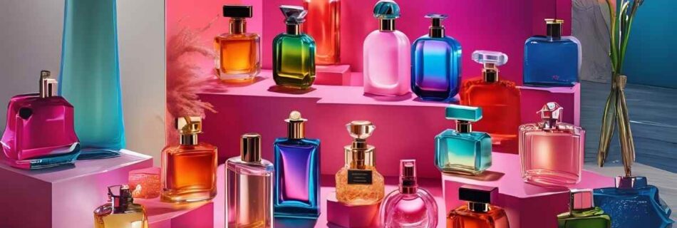 A imagem mostra diversos frascos de perfume com cores chamativas, com flores ao lado em uma bancada, e ao fundo cores neon, Melhores Perfumes Importados Femininos