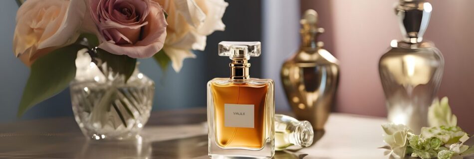 frasco de perfume feminino, mesa de madeira, vaso com flores