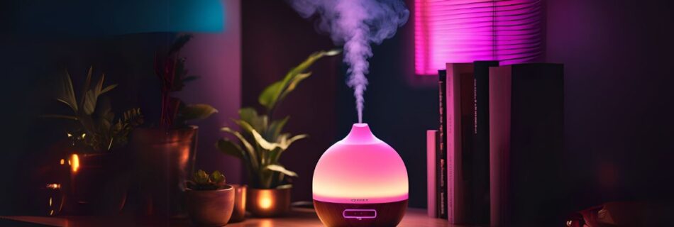 difusor de ambiente, soltando vapor, em uma mesa de madeira, luzes neon no fundo