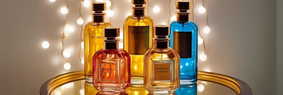 A imagem mostra cinco frascos de perfume de diferentes cores, em uma bandeja com luzes ao fundo desfocadas, para exemplificar perfumes importados femininos baratos