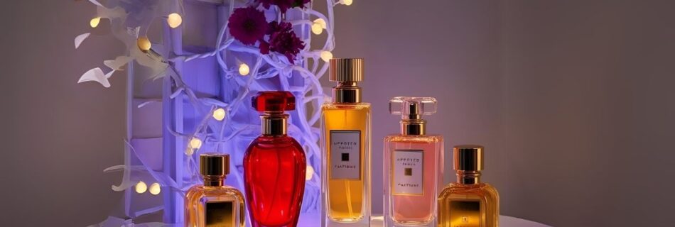 a imagem mostra cinco frascos de perfume para exemplificar melhores perfumes nacionais femininos, todos os frascos de diversas cores diferentes, em uma mesa com fundo de flores e luzes.