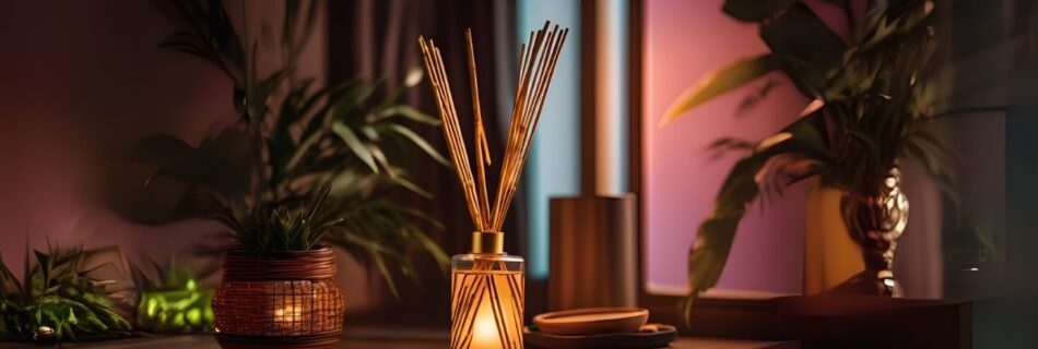 A imagem mostra uma sala de estar, com melhores difusores de ambiente, com fundo de palmeira como decoração.