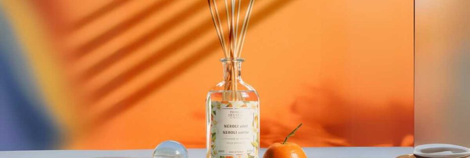 Difusores de Aromas para Casa, em um fundo laranja, varetas de bambú, uma esfera de cristal, e uma fruta laranja