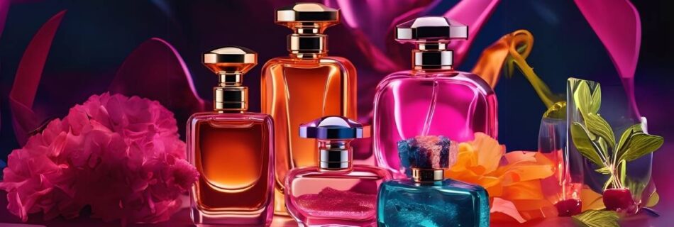 A imagem mostra frascos de perfumes nacionais femininos baratos, em cores chamativas, neon, com frutas e flores ao lado, e o fundo com panos e tecidos de cores chamativas em rosa neon