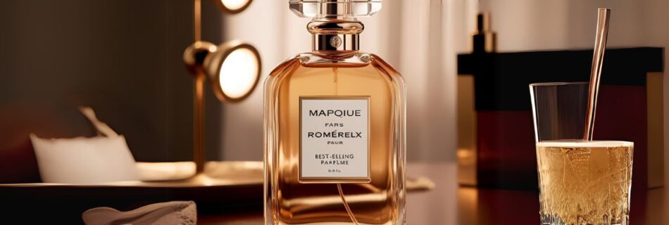 A imagem mostra um perfume em uma mesa, ao lado um copo e ao fundo uma luminária em uma sala.