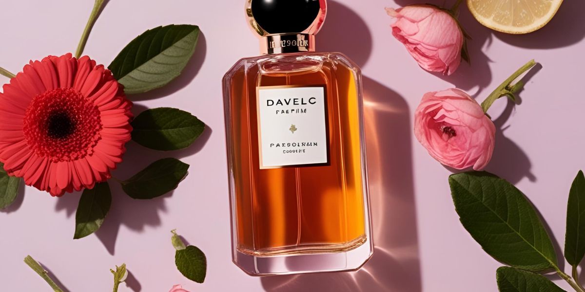 A imagem mostra Perfumes Femininos para o Dia a Dia, com flores em volta em um fundo rosa