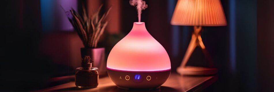 A imagem mostra Como Usar Óleos Essenciais em Casa, em um difusor de ambiente, ligado com luzes aconchegantes