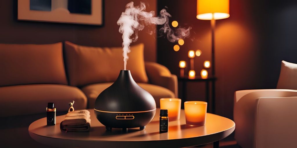 <Título_H1>Como Usar Óleos Essenciais em Casa: Transforme Sua Rotina</Título_H1> 2 A imagem mostra Como Usar Óleos Essenciais em Casa, utilizando um difusor, com oleos essenciais e velas ao lado, em cima de uma mesa, com uma sala de estar ao fundo com luzes aconchegantes.