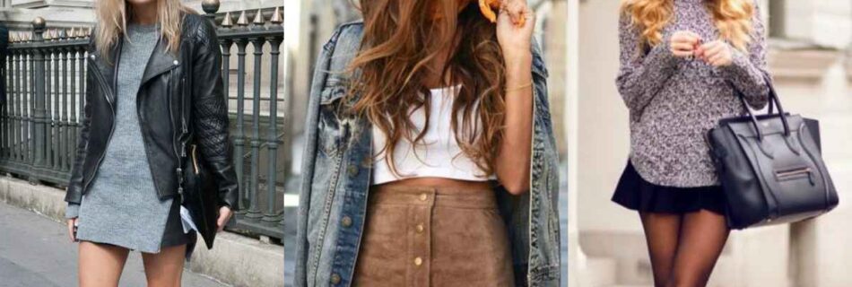 Mulheres posando para fotos com roupas de outono, primeira mulher utiliza um vestido curto com jaqueta e óculos escuro. Segunda mulher utiliza uma saia marrom, blusa branca e jaqueta jeans por cima. Terceita imagem, mulher posando para foto, utilizando saia curta, meia fina e blusa com bolsa de lado.