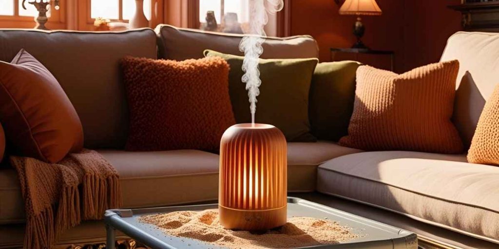 O Segredo dos Aromatizantes de Luxo 2025: Eleve Sua Casa 2 A imagem mostra uma sala de estar, com sofas em tom bege, e almofadas em tons marrom e verde, com uma mesa ao centro e um aromatizador ligado com luzes e uma fumaça saindo dele para exemplificar aromatizadores de luxo