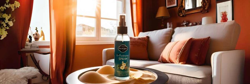 cenário de uma sala de estar, aconchegante, luz solar, spray de aromatizadores de luxo de ambientes, mesa central, um sofá bege