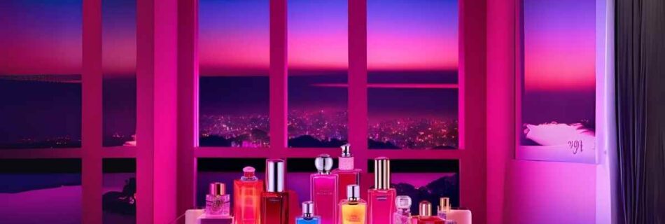 A imagem mostra diversos perfumes em cores chamativas, em cima de uma bancada neon e fundo de uma janela neon com paisagem