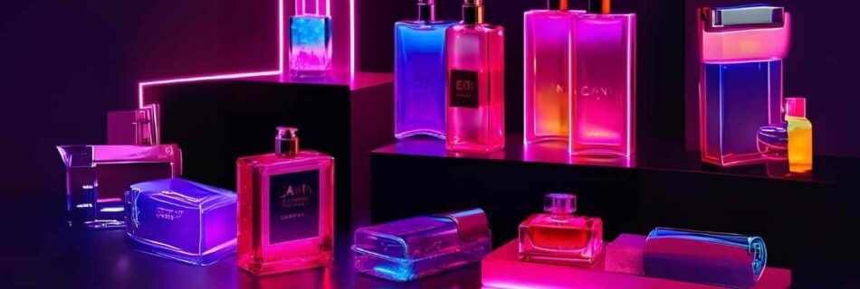 A imagem mostra diversos frascos de perfume com cores chamativas em neon em um fundo escuro