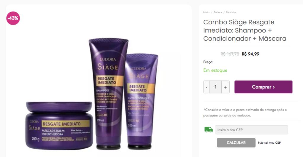 Eudora Siàge Resgate Imediato: Transforme Seus Fios com Descontos no Saldão dos Perfumes 2 A imagem mostra o combo Eudora Siage resgate imediato: shampoo, condicionador e máscara, para cabelos danificados.