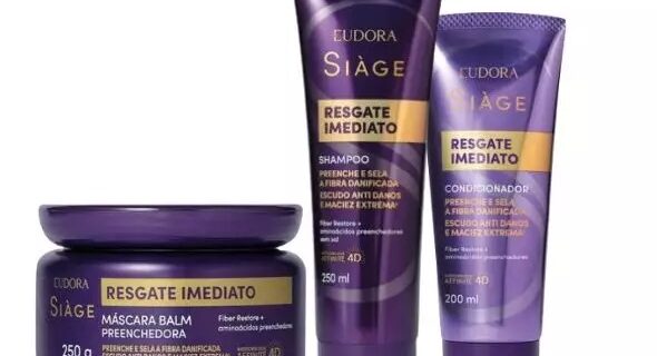 a imagem mostra tres frascos, Combo shampoo, condicionador e máscara eduora siage resgate imediato