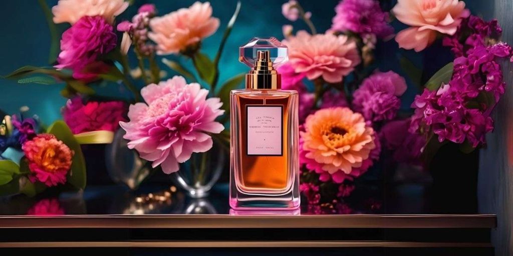 Perfume Feminino Leve para Trabalho: A Escolha Perfeita para o Dia a Dia 2 A imagem mostra um perfume Feminino Leve para Trabalho, em destaque, com flores ao fundo em uma mesa de madeira