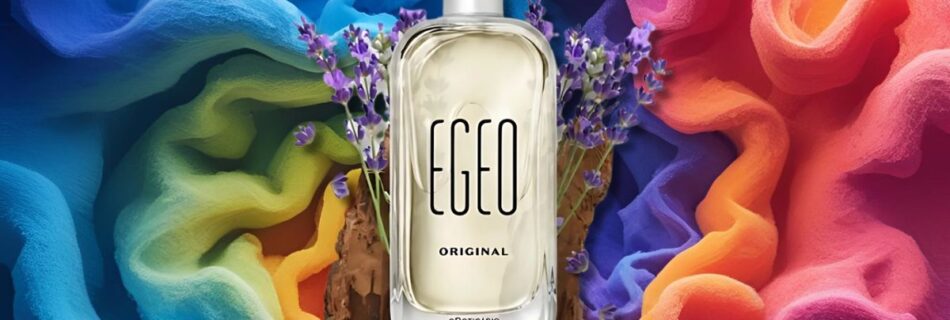 A imagem mostra o perfume egeo original, em um fundo colorido, vibrante