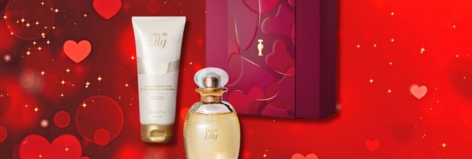 A imagem mostra Promoção Dia dos Namorados: Kit L'eau de Lily no Saldão dos Perfumes, com perfume L'eau de Lily, loção hidratante e caixa presenteavel, com fundo vermelho de corações