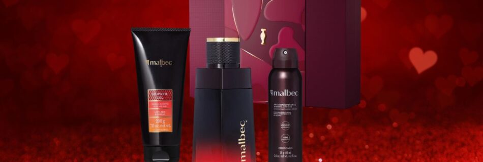 A imagem mostra Promoção Dia dos Namorados:Kit Malbec X, com um perfume da linha malbec x, um desodorante colonia e um Shower Gel Cabelo e Corpo Malbec, com uma caixa presenteavel com fundo vermelho e corações.