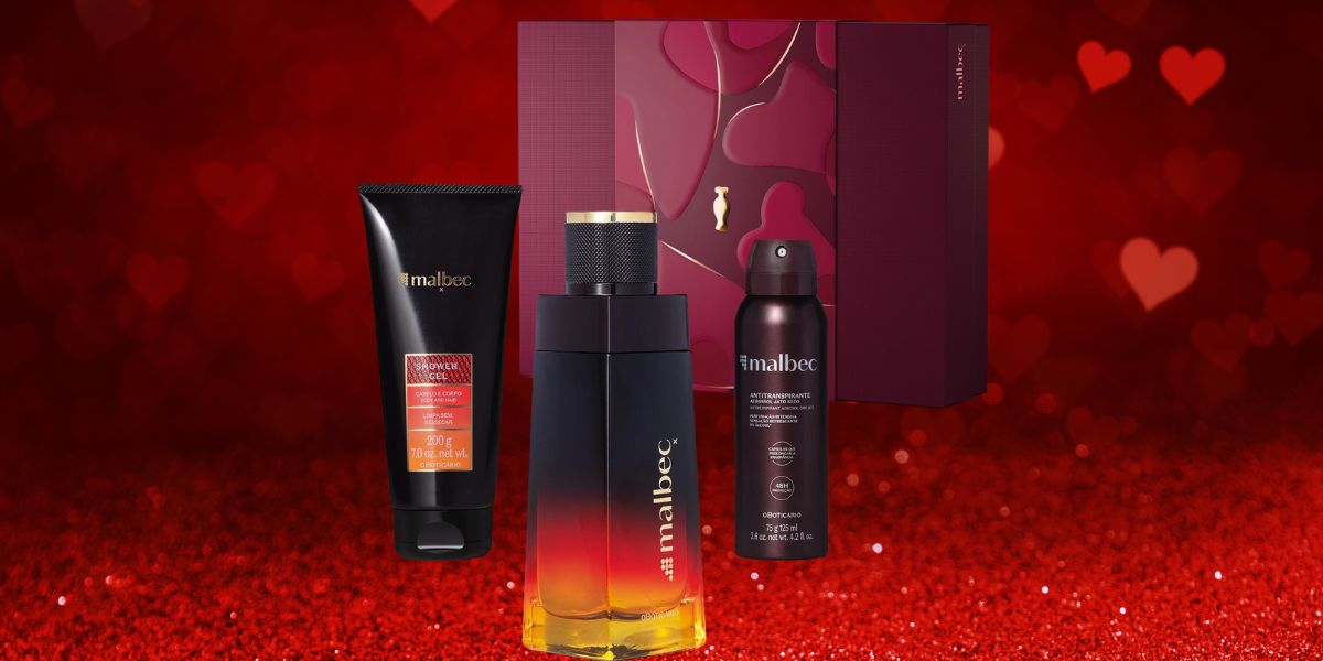 A imagem mostra Promoção Dia dos Namorados:Kit Malbec X, com um perfume da linha malbec x, um desodorante colonia e um Shower Gel Cabelo e Corpo Malbec, com uma caixa presenteavel com fundo vermelho e corações.
