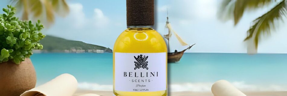 A imagem mostra um perfume Bellini como centro em cima de um mapa do tesouro, ao fundo um navio em um mar azulado