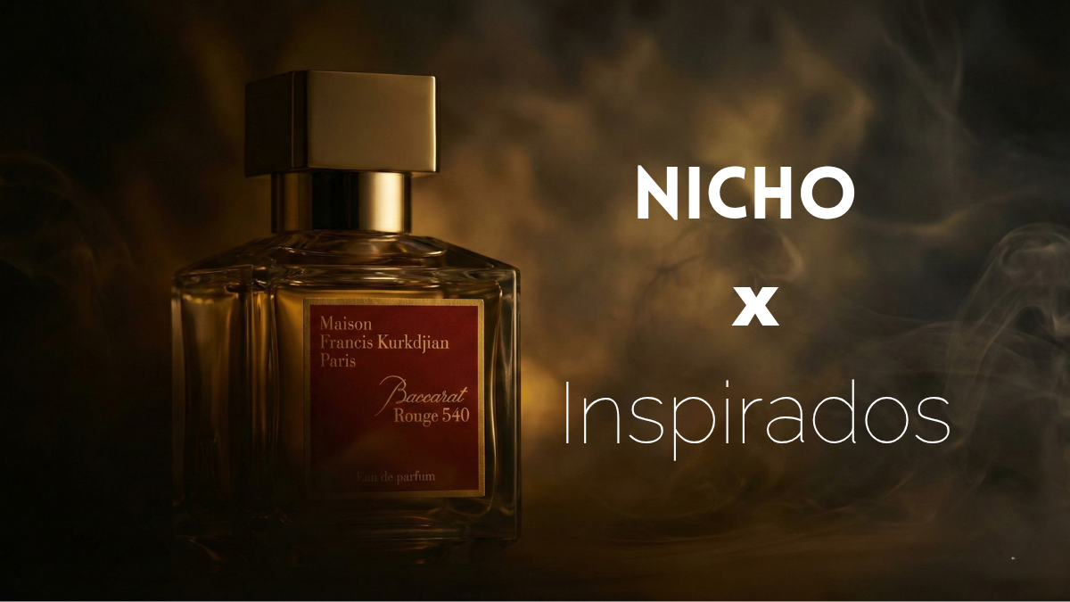 Imagem editorial com frasco de perfume em atmosfera enigmática, luz dourada suave e fundo escuro, representando o universo da perfumaria de nicho e fragrâncias inspiradas.