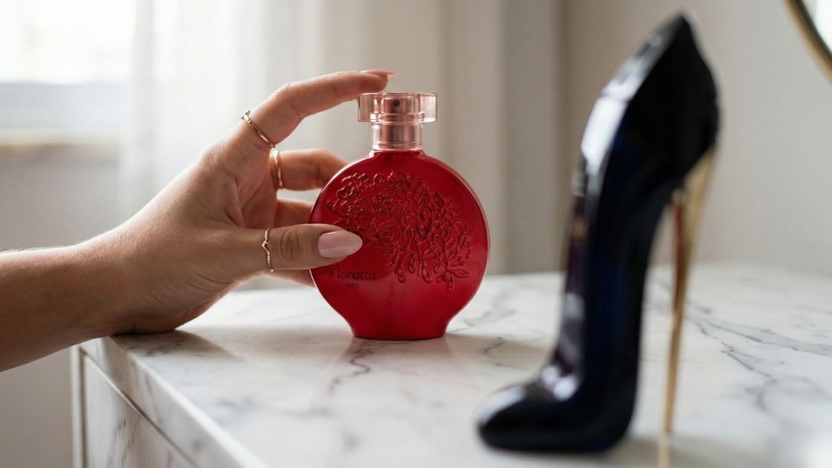 Uma fotografia de estilo de vida sofisticada, tirada de um ângulo superior direto (top-down), sobre uma superfície de mármore Carrara branco. Uma mão feminina com manicure impecável e um anel dourado segura firmemente o frasco vermelho do perfume Floratta. Ao lado dele, há uma forma fortemente desfocada (bokeh intenso) que sugere a silhueta de um frasco de perfume de grife icônico e caro (como o formato de sapato do Good Girl), tornando-o irreconhecível, mas presente. A luz do dia suave entra por uma janela lateral, criando sombras suaves e realçando as texturas. A imagem deve transmitir a descoberta de um segredo de beleza.