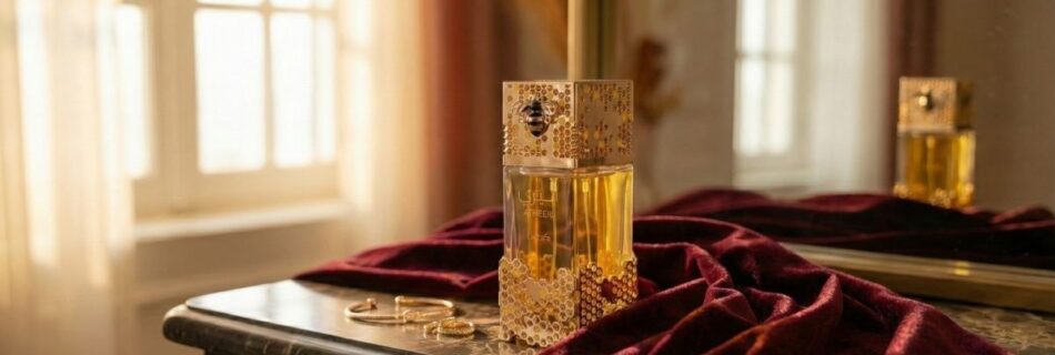 Perfume árabe Lattafa Atheeri em frasco luxuoso de vidro e ouro sobre mármore escuro, demonstrando a sofisticação e o luxo da perfumaria oriental