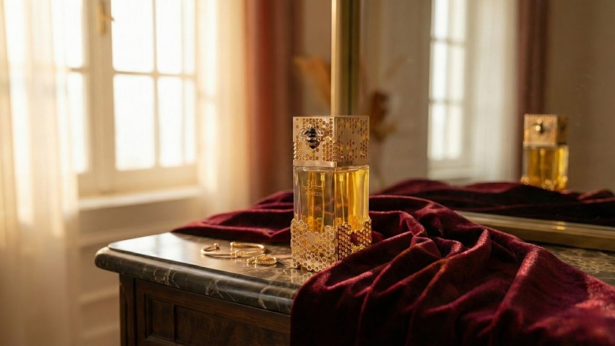 Perfume árabe Lattafa Atheeri em frasco luxuoso de vidro e ouro sobre mármore escuro, demonstrando a sofisticação e o luxo da perfumaria oriental