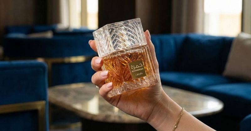 Frasco de luxo do Lattafa Khamrah em ambiente sofisticado.