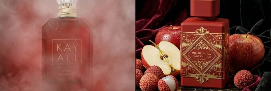 Comparativo entre perfume floral fraco e o potente árabe vermelho Lattafa Sublime.