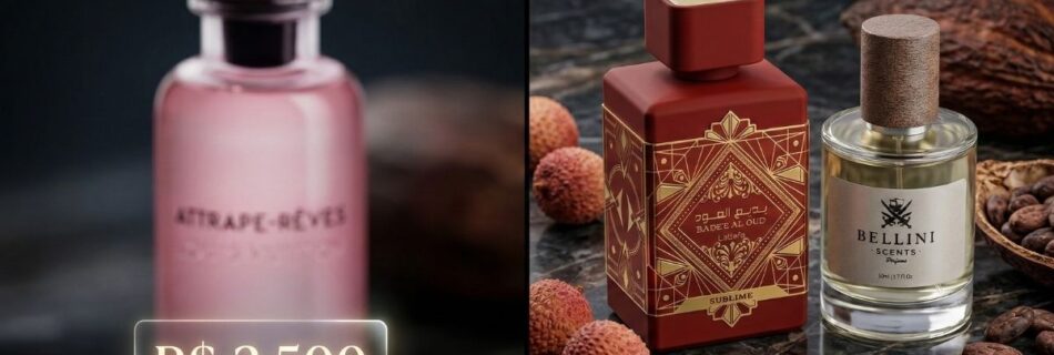 Comparativo entre o Louis Vuitton Attrape-Rêves, perfume árabe Lattafa e perfume Bellini Scents.