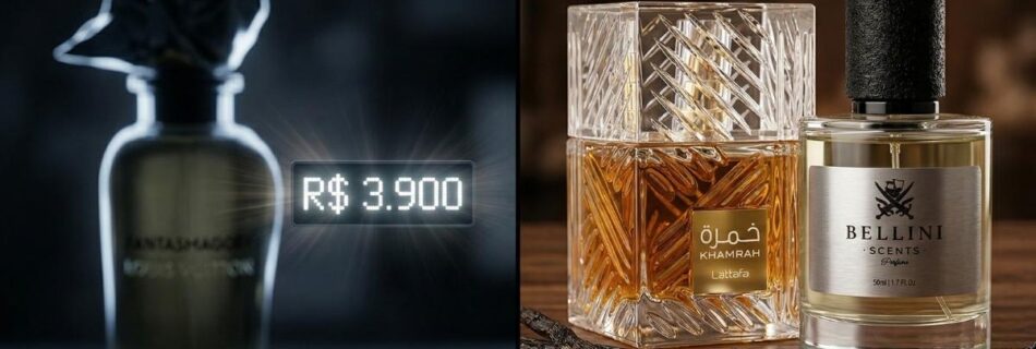 Comparativo entre o Louis Vuitton Fantasmagory, Lattafa Khamrah e perfume Bellini Scents.