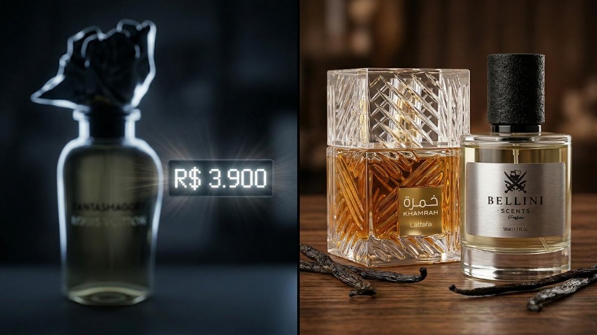 Comparativo entre o Louis Vuitton Fantasmagory, Lattafa Khamrah e perfume Bellini Scents.