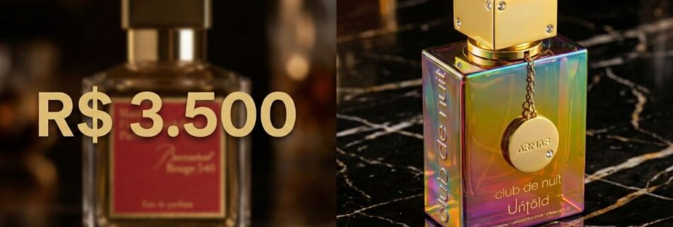 Comparação entre o perfume de luxo Baccarat Rouge e a alternativa árabe Armaf Untold.