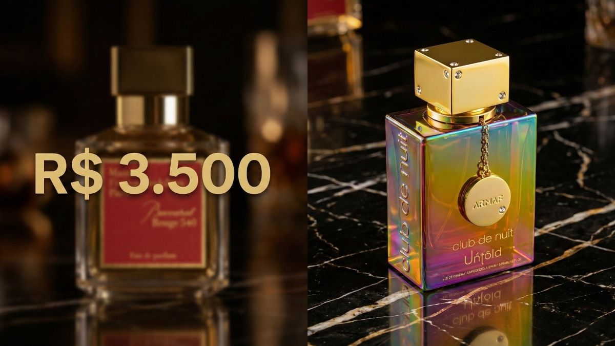 Comparação entre o perfume de luxo Baccarat Rouge e a alternativa árabe Armaf Untold.