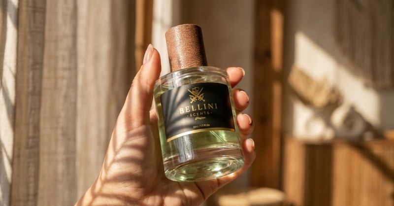Frasco do perfume cítrico de alta fixação da marca Bellini Scents sendo segurado em ambiente iluminado.