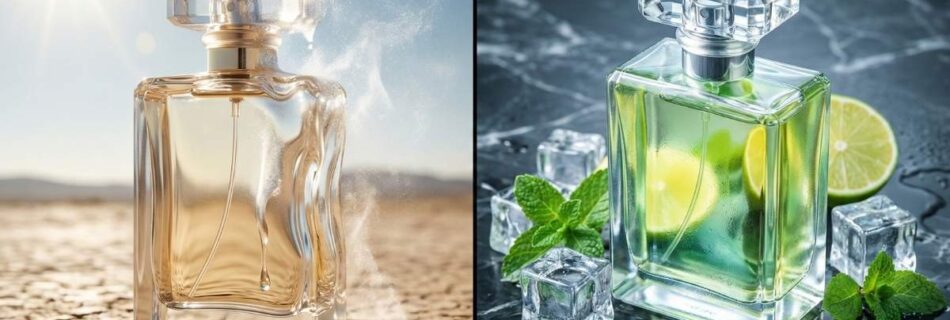 Perfume comercial evaporando no calor versus perfume cítrico de alta fixação.
