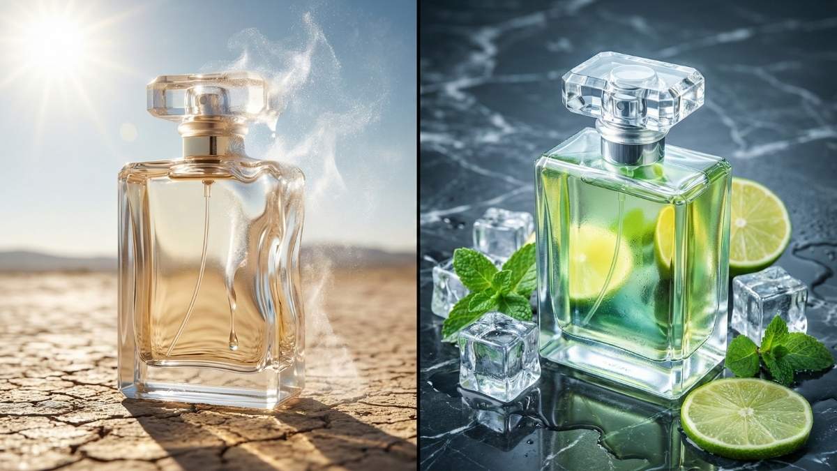Perfume comercial evaporando no calor versus perfume cítrico de alta fixação.