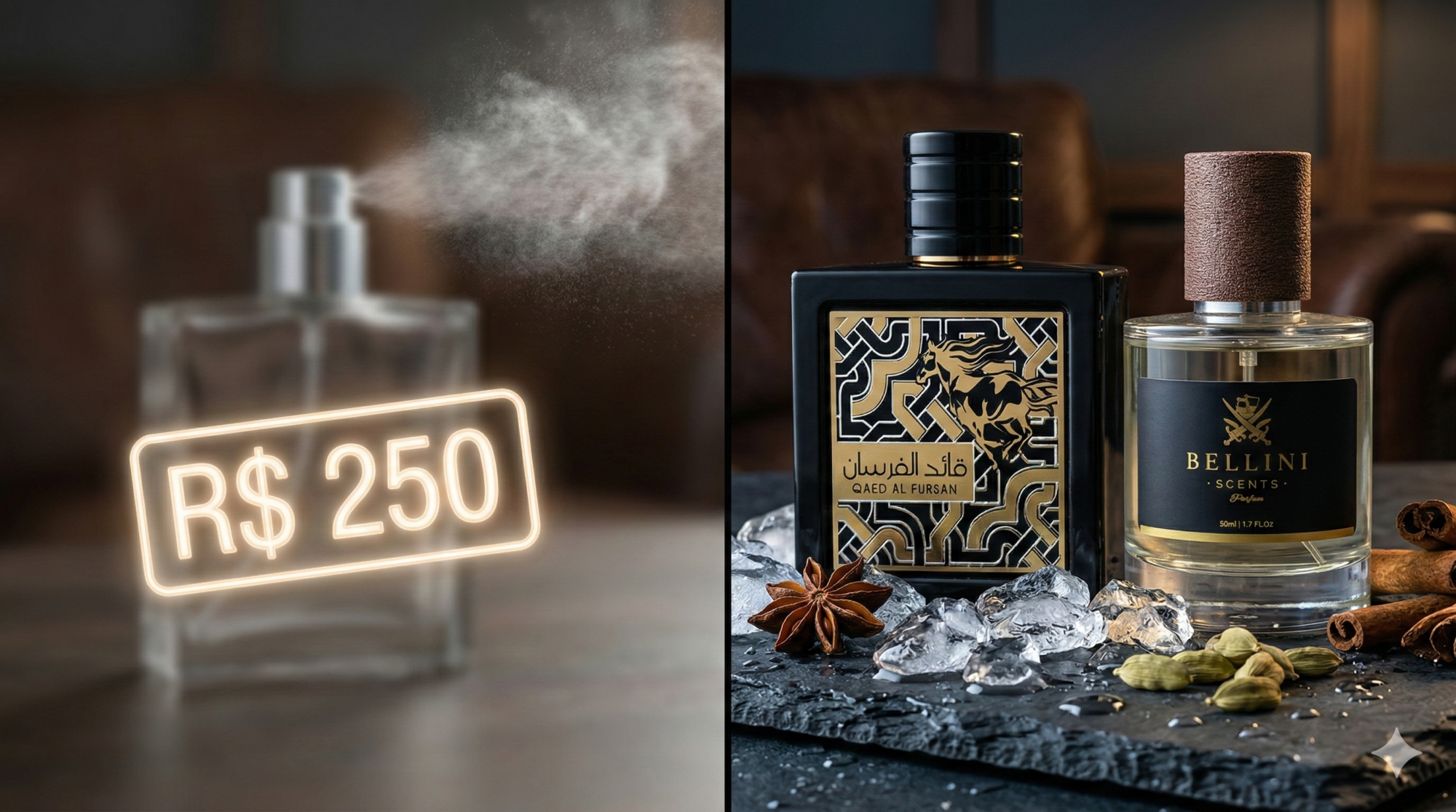 Comparativo entre perfumes nacionais comuns e alternativas exclusivas da Amazon e Bellini Scents.