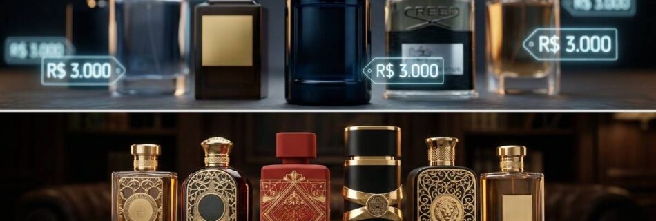 Comparativo entre perfumes importados caros e suas alternativas árabes de luxo.