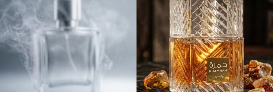 Comparativo entre um perfume comercial fraco e o árabe de alta fixação Lattafa Khamrah.