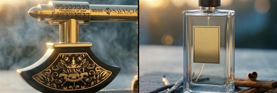 Comparativo entre o frasco de machado do Savasci Warrior e o perfume de alta performance Afnan 9 PM.