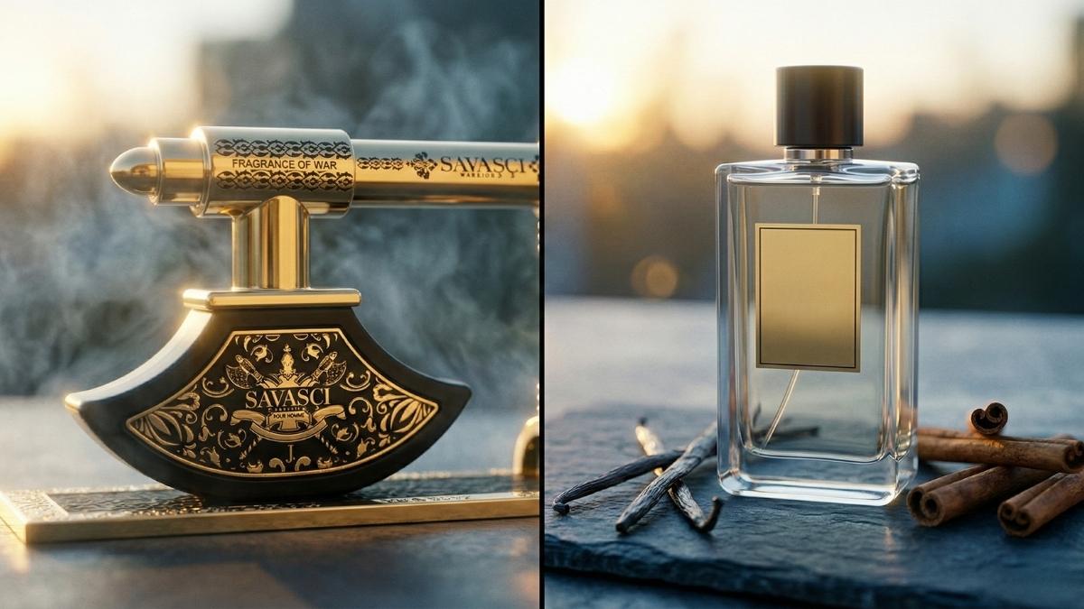 O perfume de guerreiro que viralizou: A verdade sobre o Savasci (e a alternativa de R$ 280). 2 Comparativo entre o frasco de machado do Savasci Warrior e o perfume de alta performance Afnan 9 PM.